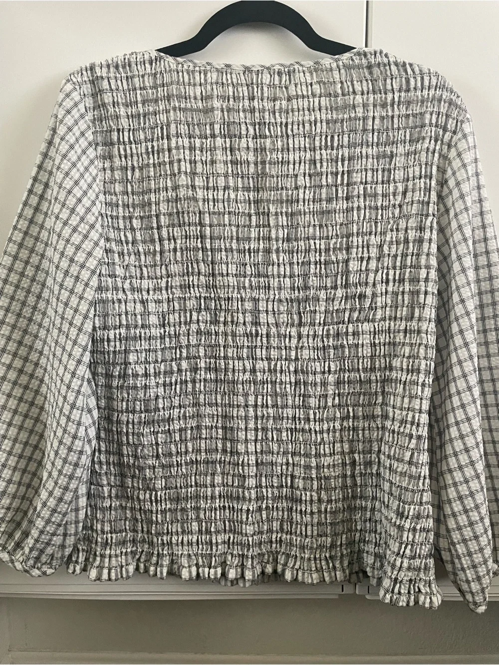 Banana Republic Black and White Gingham Smocked Square-Neck Blouse